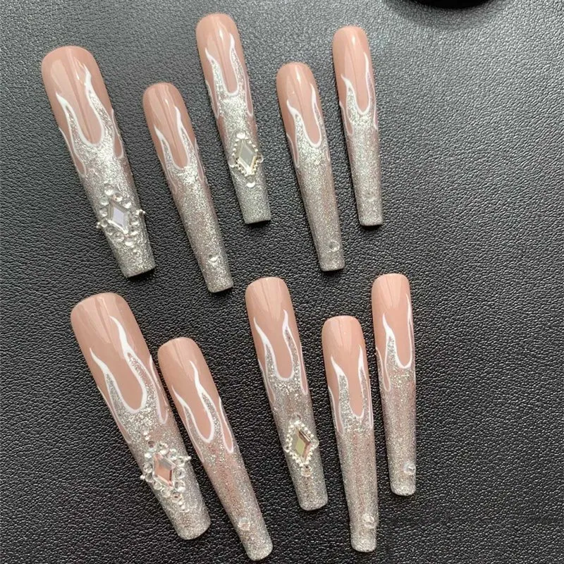 Silver Flame-Dimond-Long Ballerina-Press On Nails