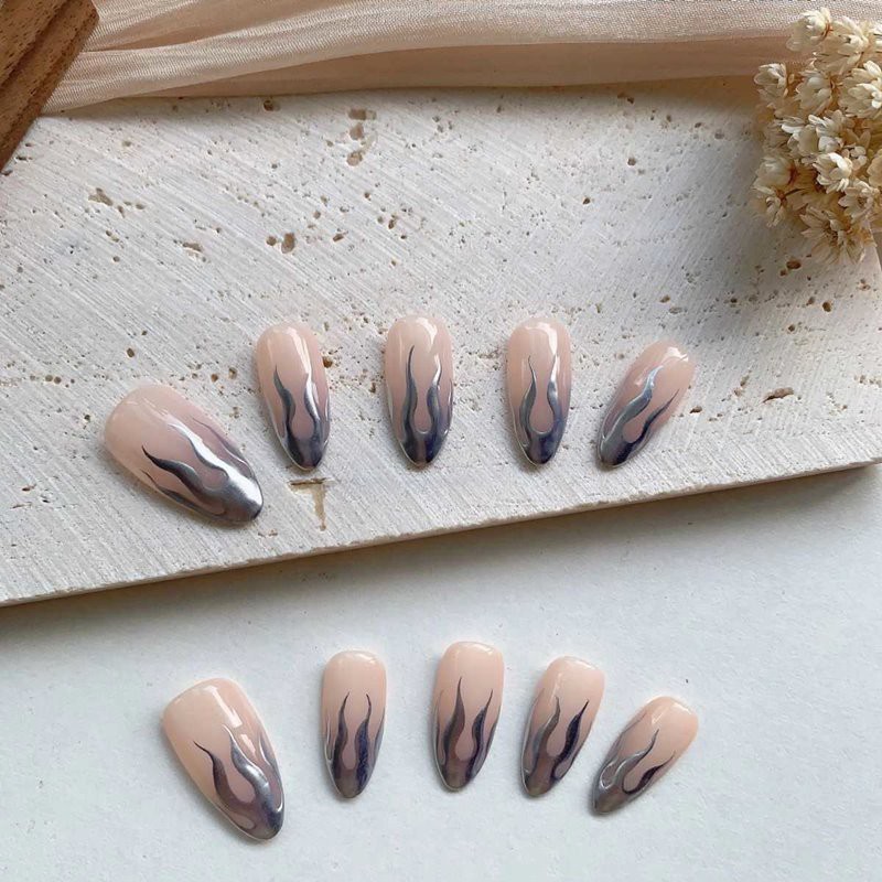 Silver Flame- Hand Painted-Short Almond