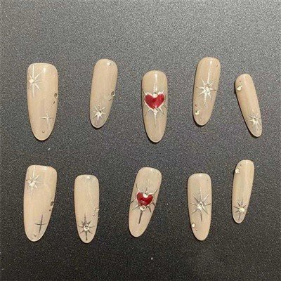Heart and Stars-Long Almond-Press On Nails